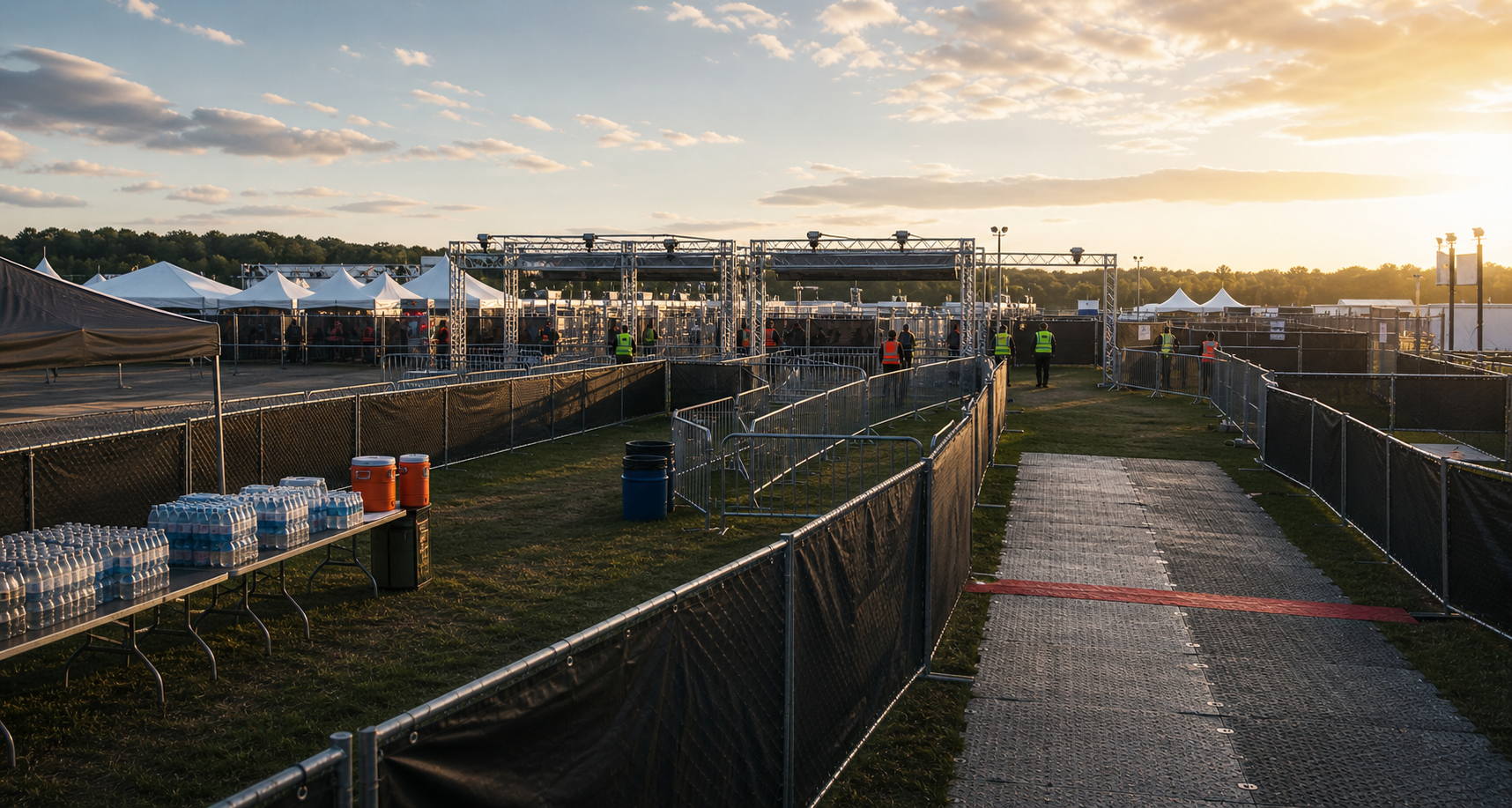 Venue entrance checkpoint with queue lanes, bag tables, and screening equipment before guests arrive.