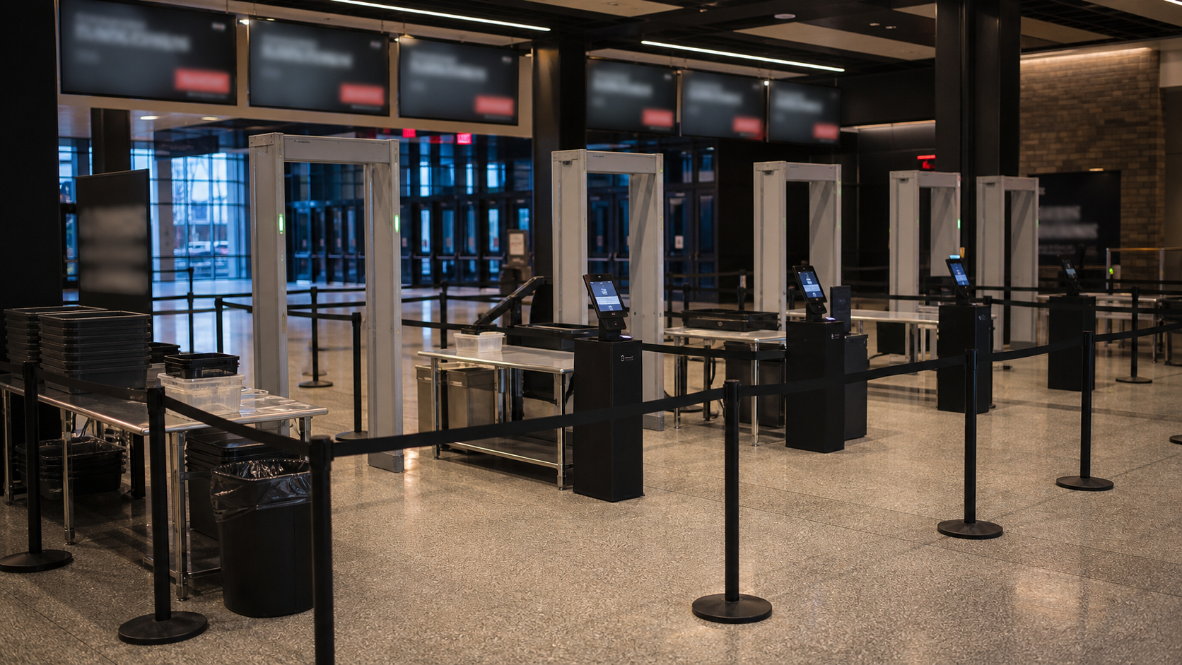 Backstage corridor with road cases, controlled access route, and warm practical lights.