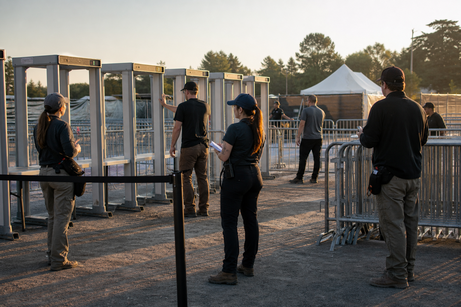 Outdoor event entry zone with fencing, lanes, tents, and staff preparing before guests arrive.