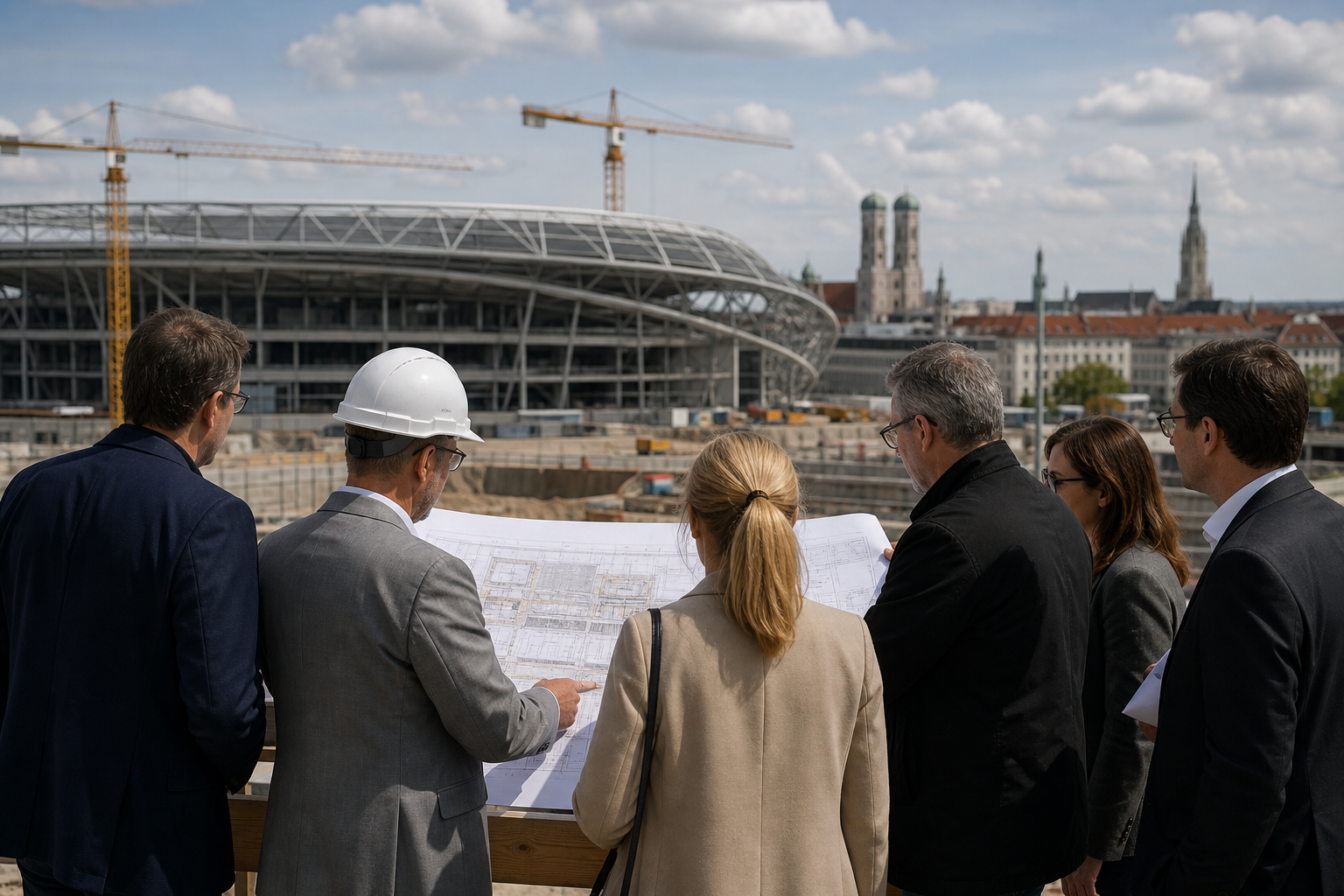 Editorial illustration of male concertgoers approaching an original European arena near an airport.