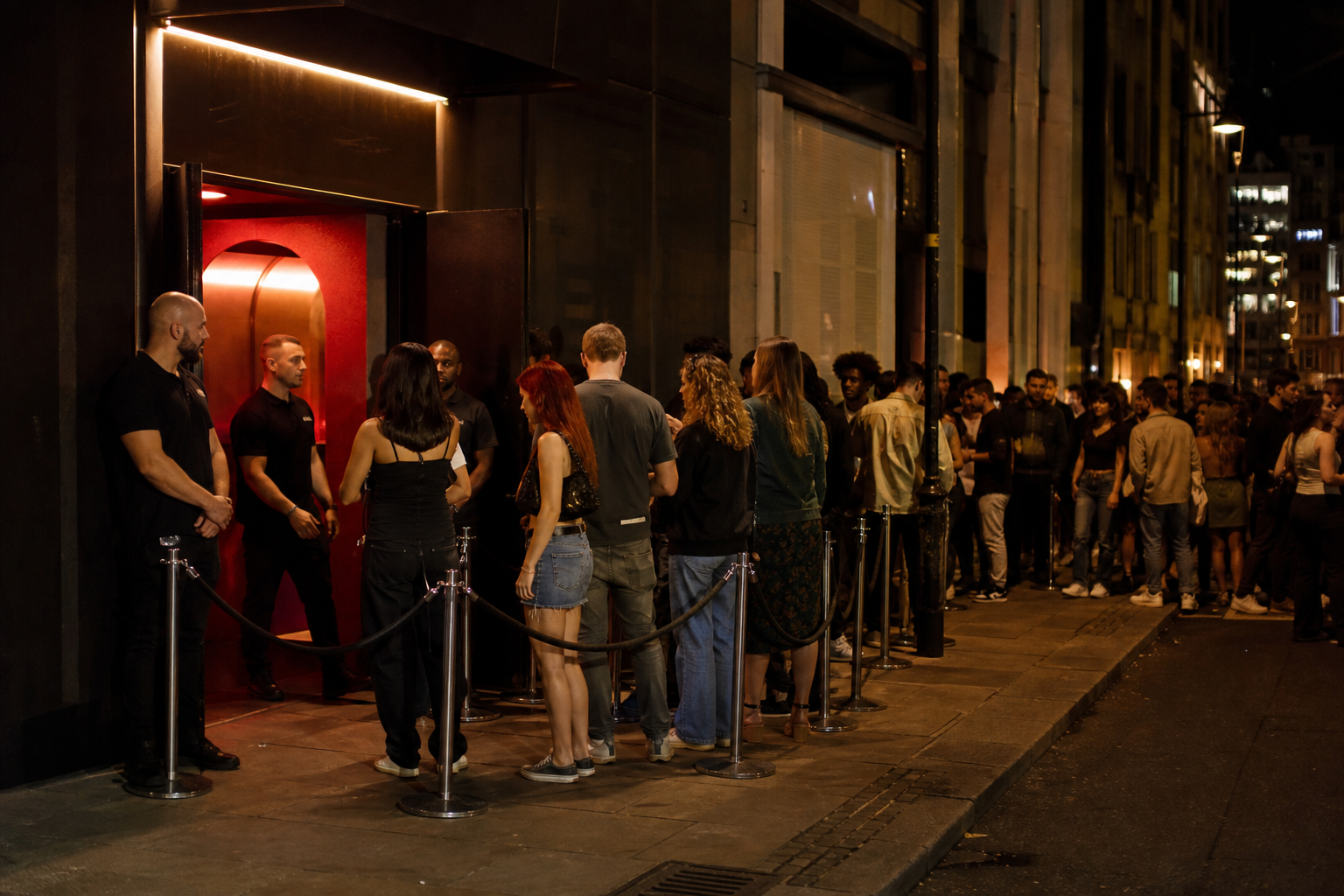 Venue entry checkpoint with queue lanes and screening touchpoints before guests arrive.