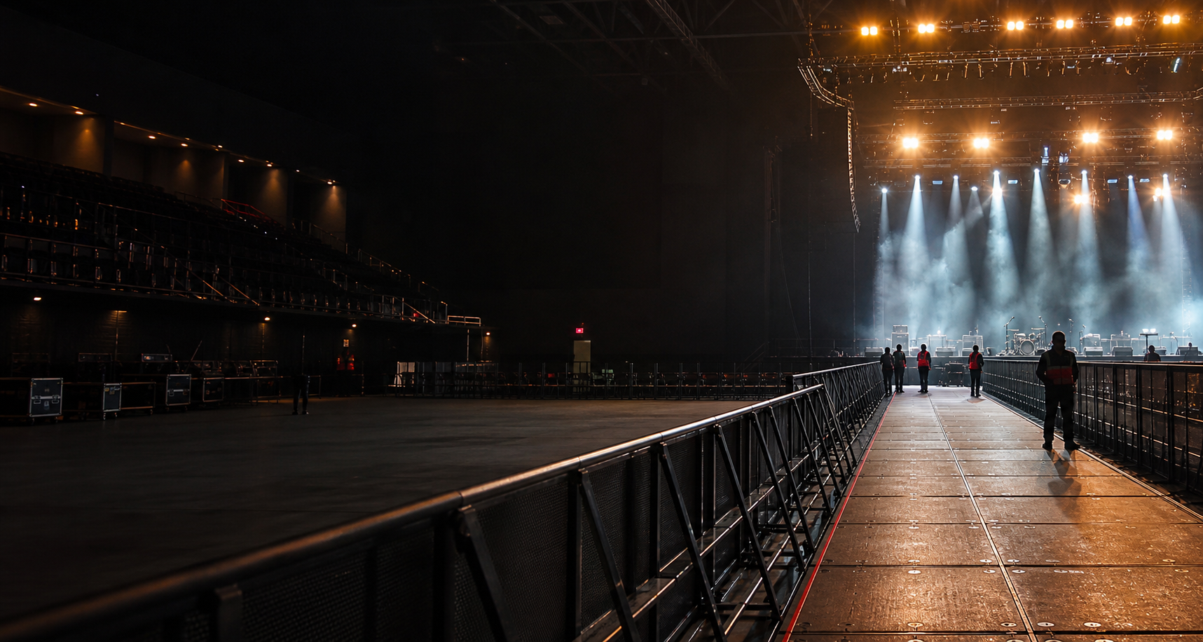 Concert venue before doors open with barricades, access lanes, and security staff in the distance.